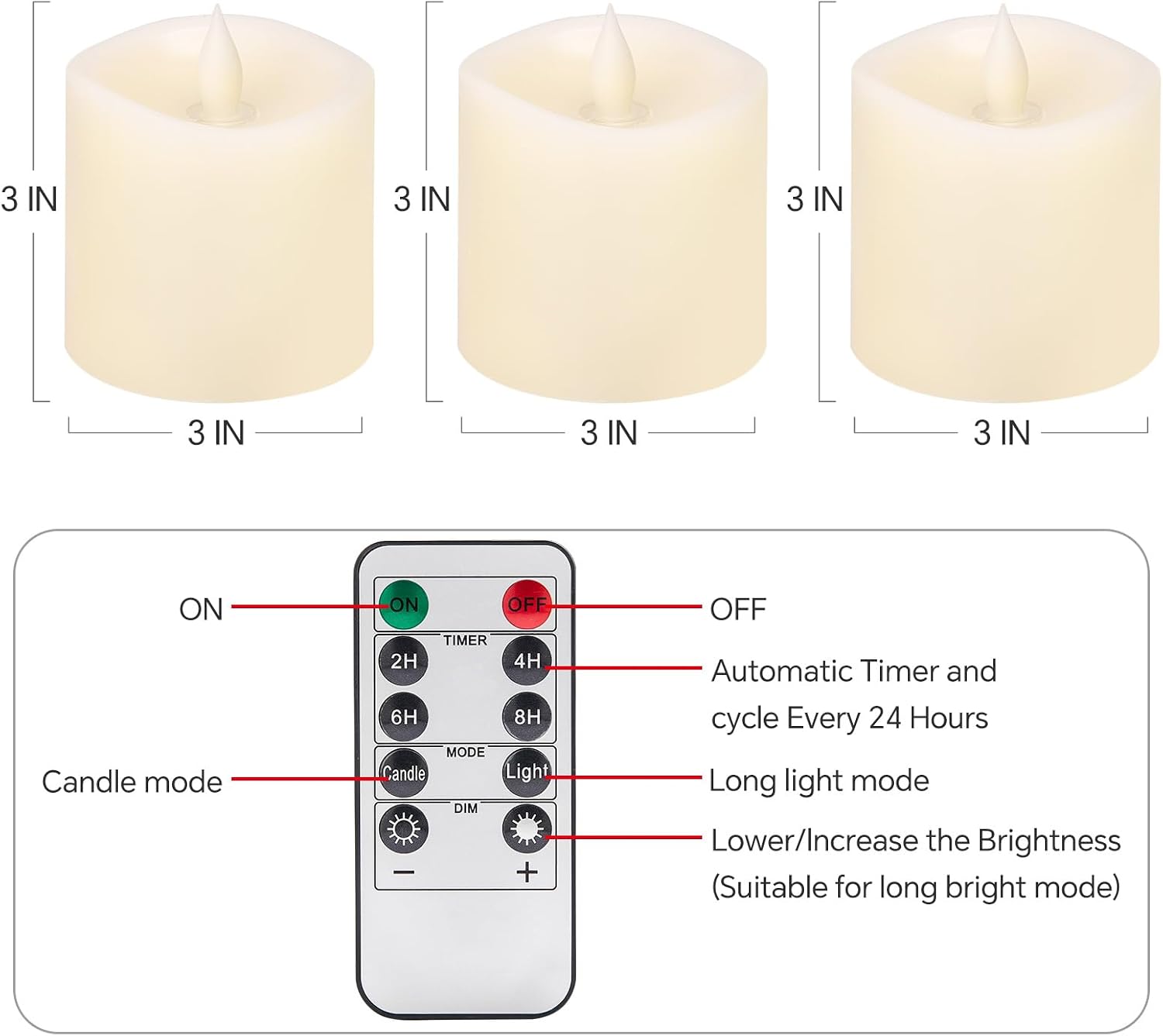 3x3 Flickering Flameless Candles Set of 3, Real Wax LED Battery Candles Flickering, 3 inch Flameless Candles with