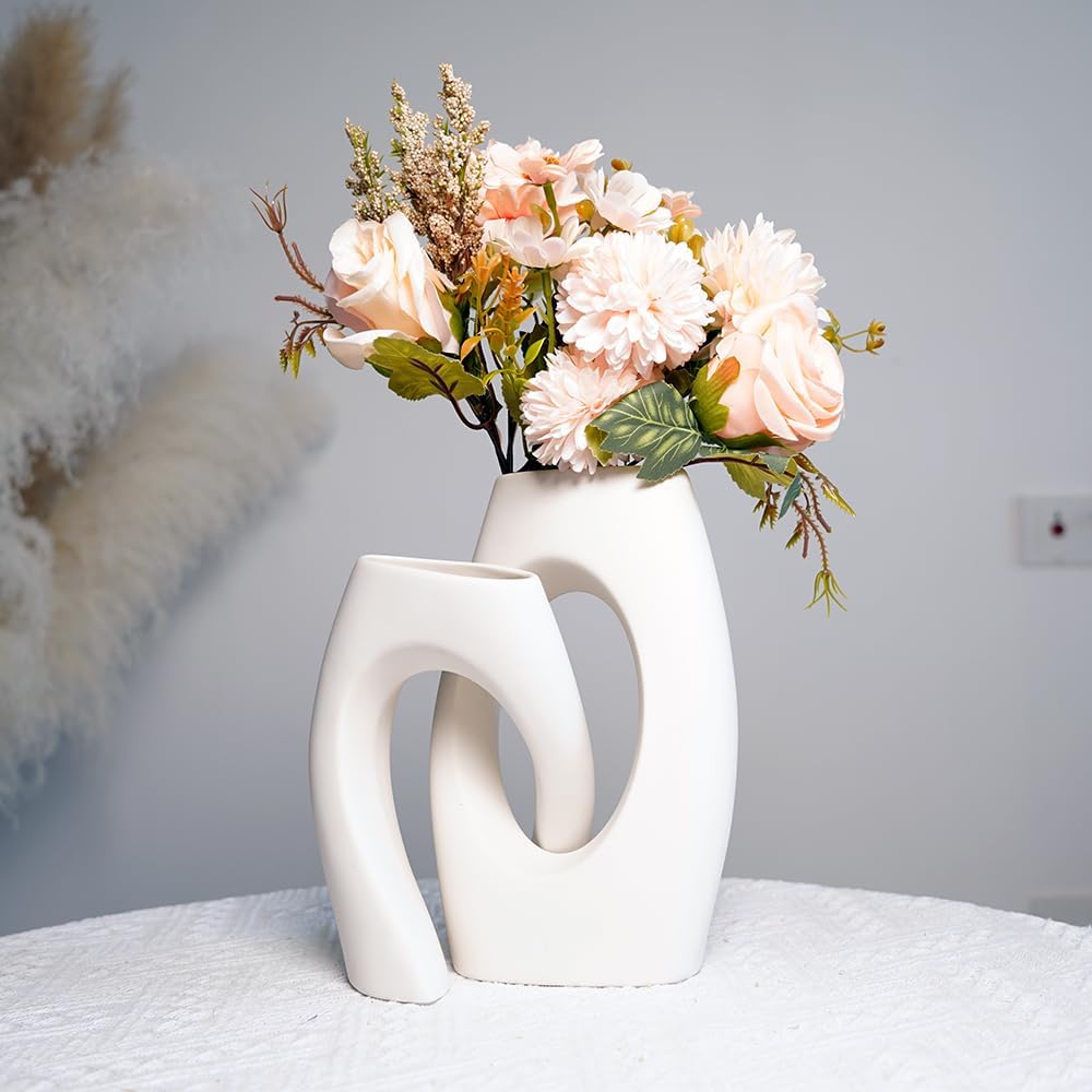 White Ceramic Vase / Champagne-colored Flowers and White Vase / Set of 2