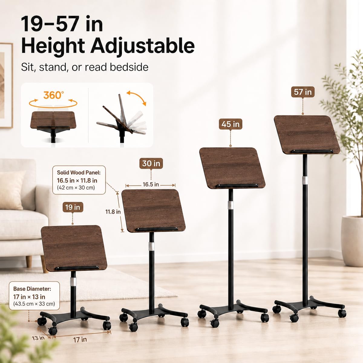 Rolling Book Stand with Wheels, Adjustable Sheet Music & Reading Stand | 16.5 x 11.8 in panel | 19-57 in adjustable