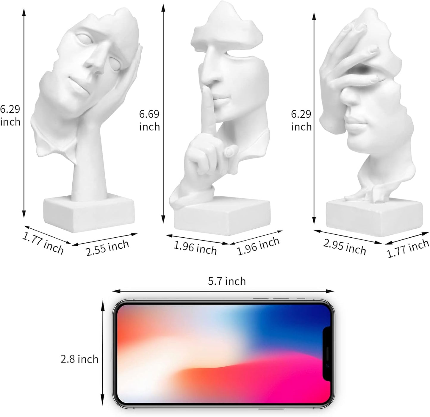 Thinker Statue / Silence is Gold Abstract Art Figurine / White / Set of 3