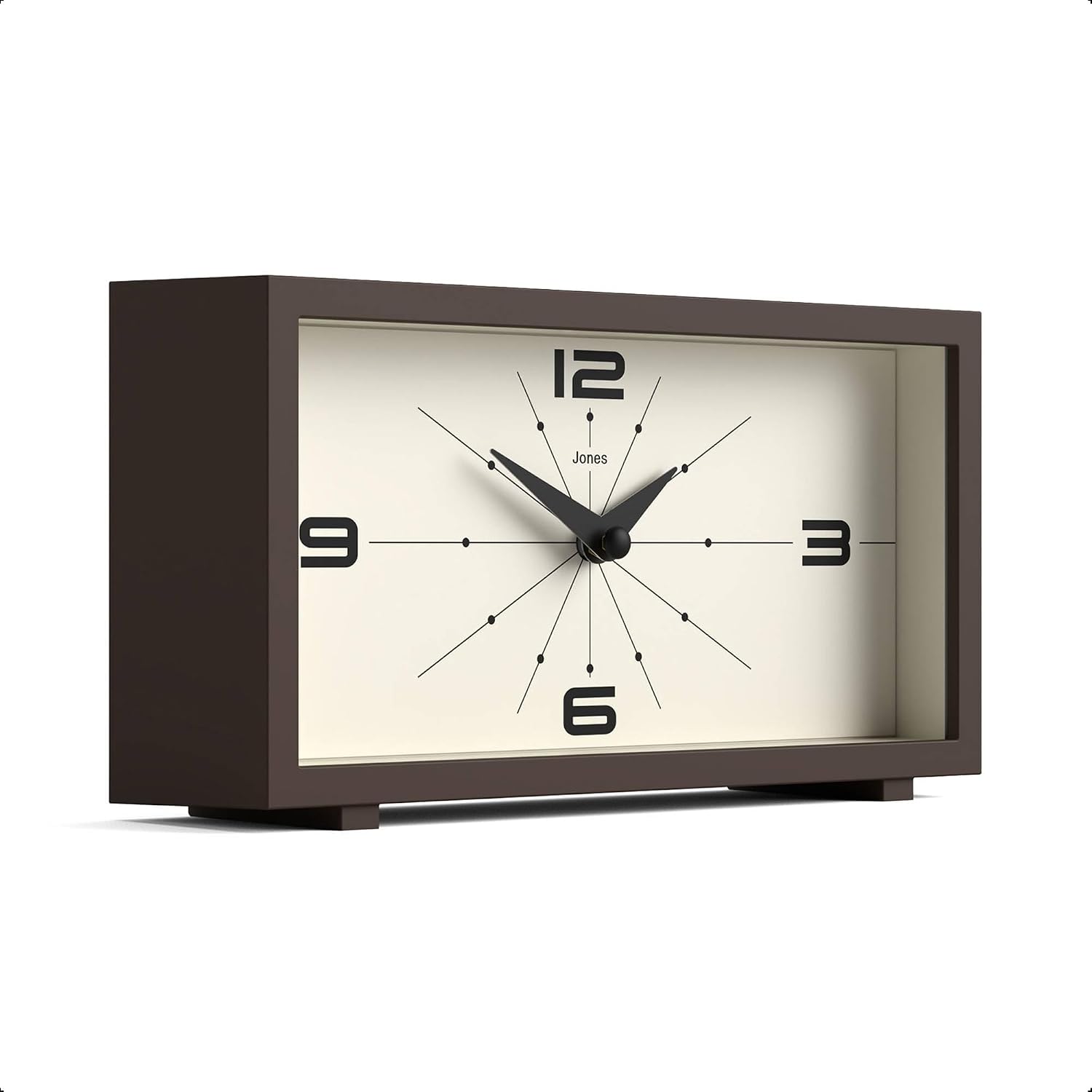 JONES CLOCKS® Odeon Desk Clock | Modern Rectangular Design | Brown | Stylish Retro Look for Shelf, Table, Mantel or