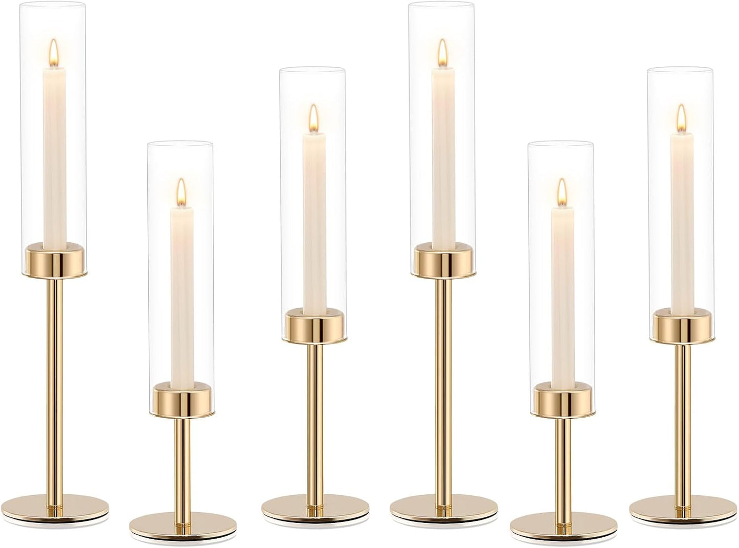 Gold Hurricane Glass Candle Holders Set of 6 Brass Taper Candlestick Holder | Windproof Flameless Candle Holder, Tall