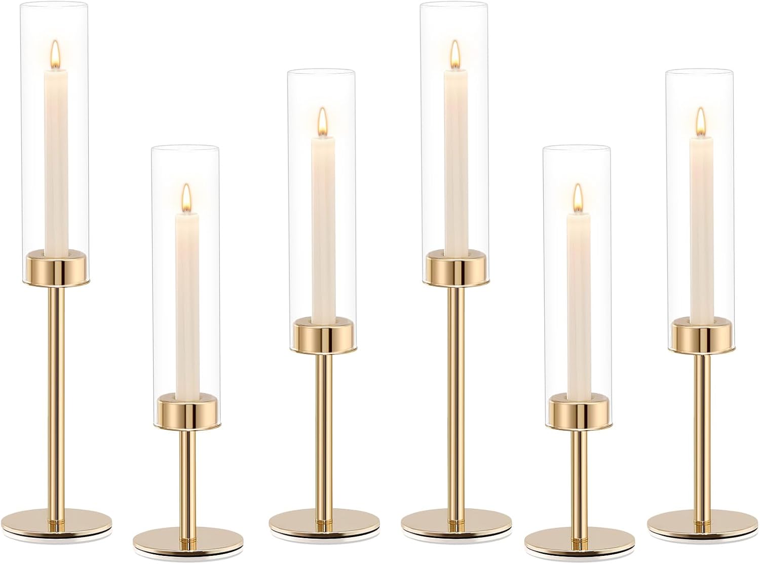 Gold Hurricane Glass Candle Holders Set of 6 Brass Taper Candlestick Holder | Windproof Flameless Candle Holder, Tall