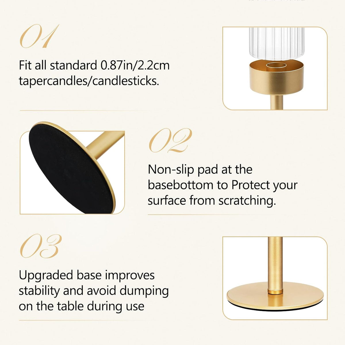 Glass Hurricane Candlestick Holders Gold, KSWING Set of 3 Taper Candle Holders Brass Tall Clear Candle Stand Holders