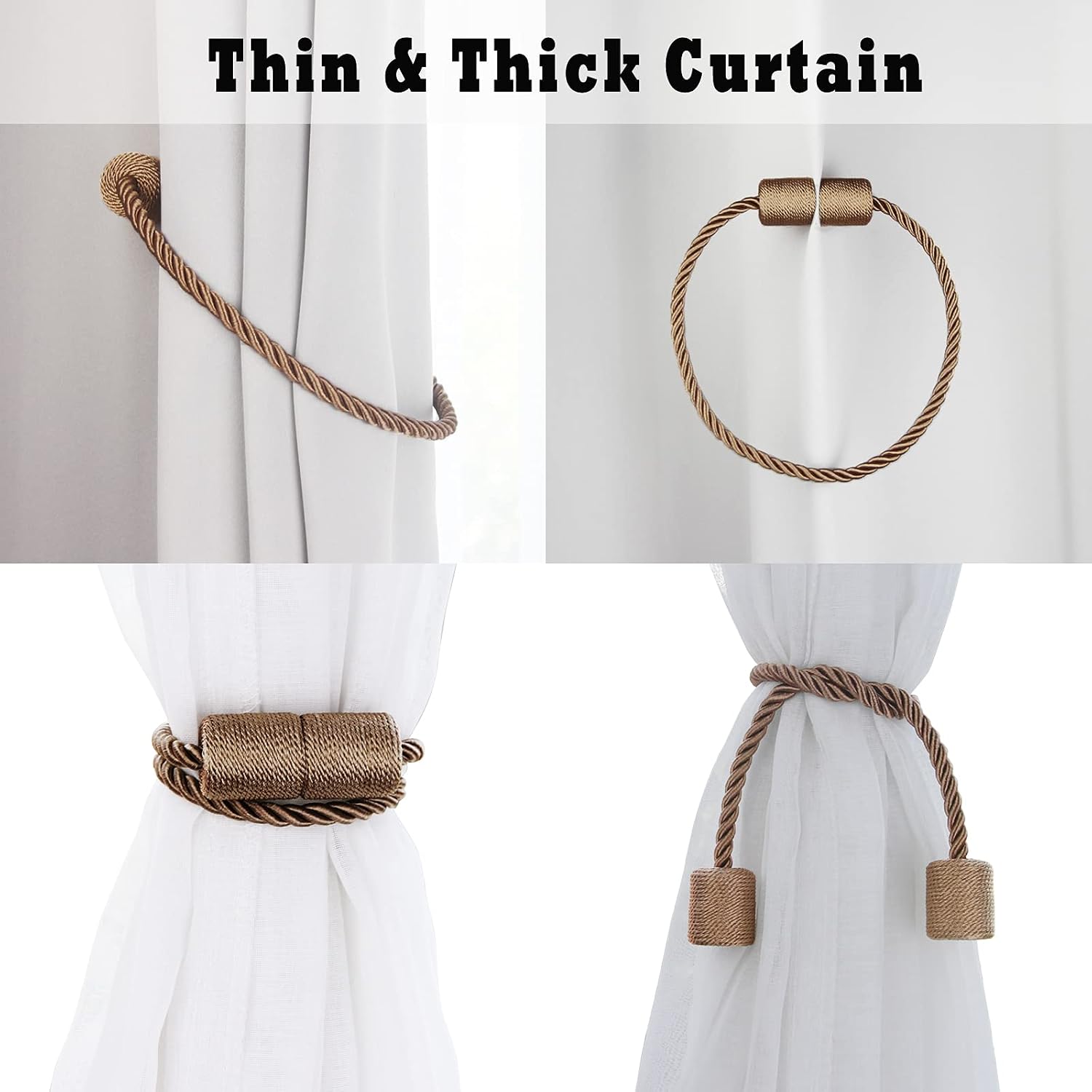 Magnetic Curtain Tiebacks Holdbacks Decorative Tie Backs for Windows Porlau | 6 Pack Khaki Modern Outdoor Drapes