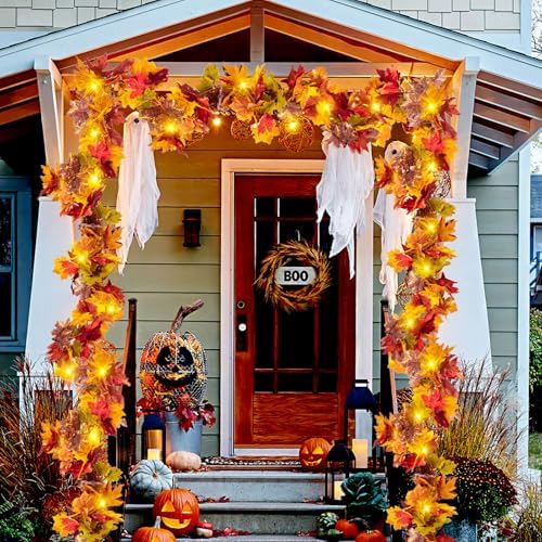 2Pcs Fall Maple Leaf Garland with Yellow Lights