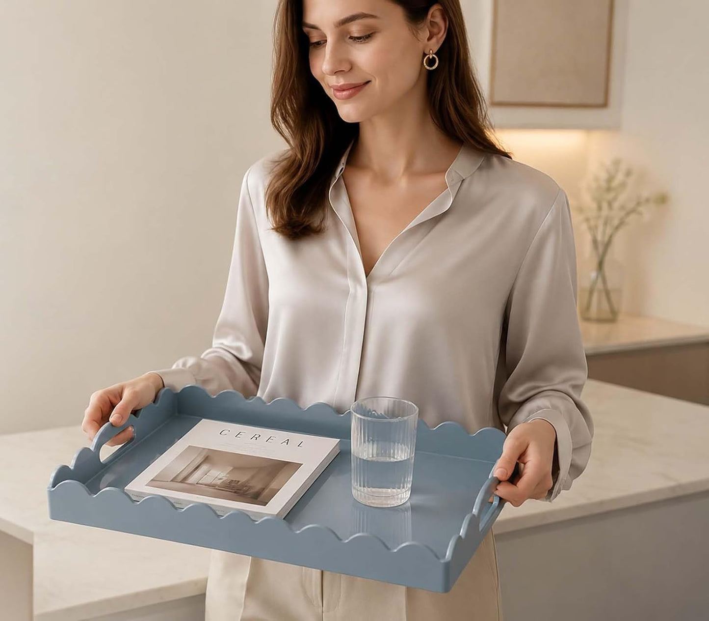 Scalloped Glossy Plastic Lacquer Decorative Tray / Dusty Blue / 15.7 x 11.8