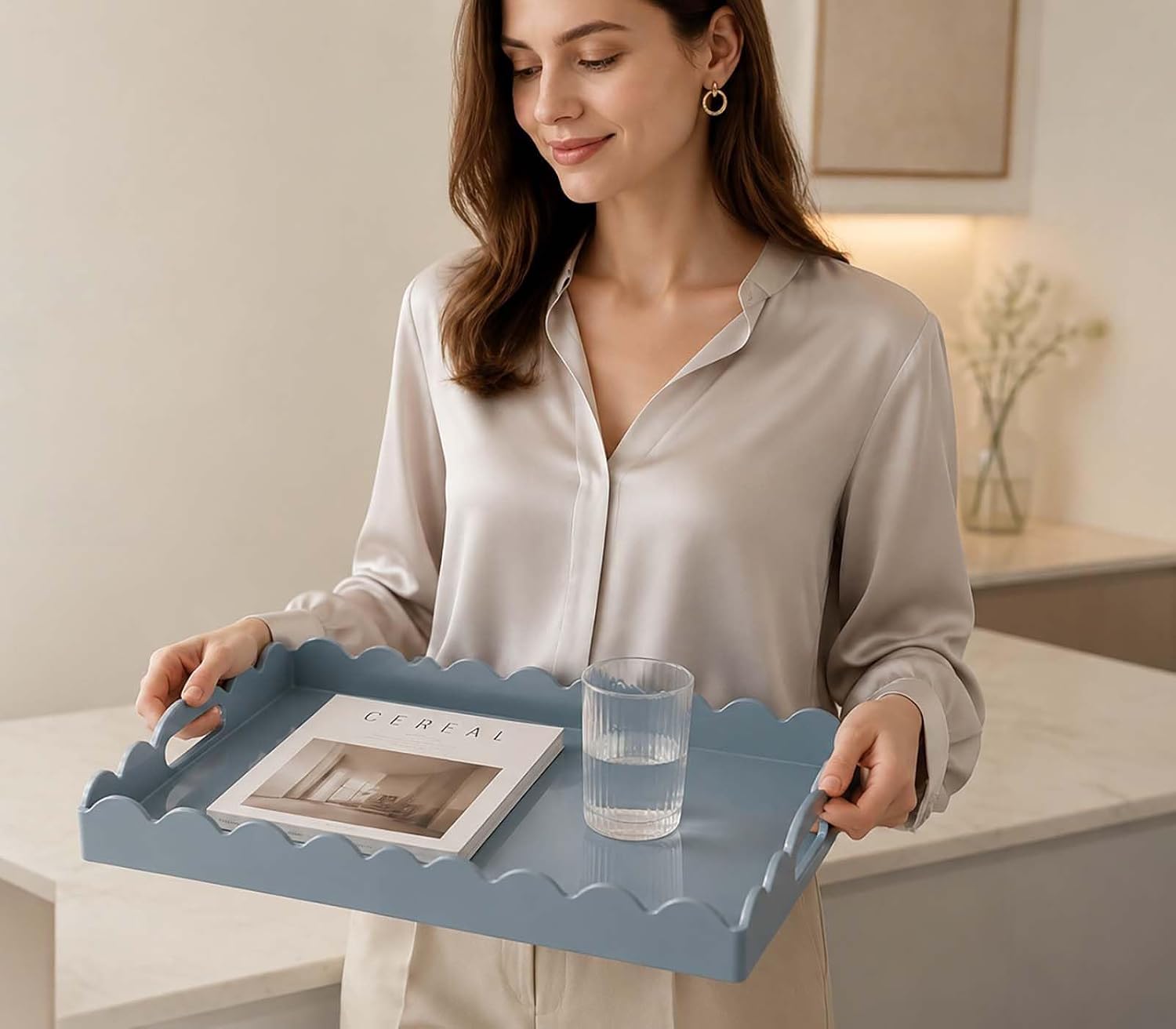 Scalloped Glossy Plastic Lacquer Decorative Tray / Dusty Blue / 15.7 x 11.8