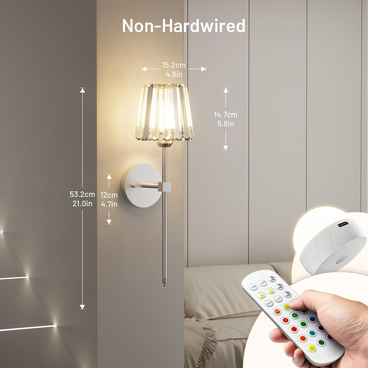 Crystal Battery Operated Wall Sconces Set of 2, Chrome Rechargeable Wireless Wall Lights with Crystal Lampshade, 12 RGB