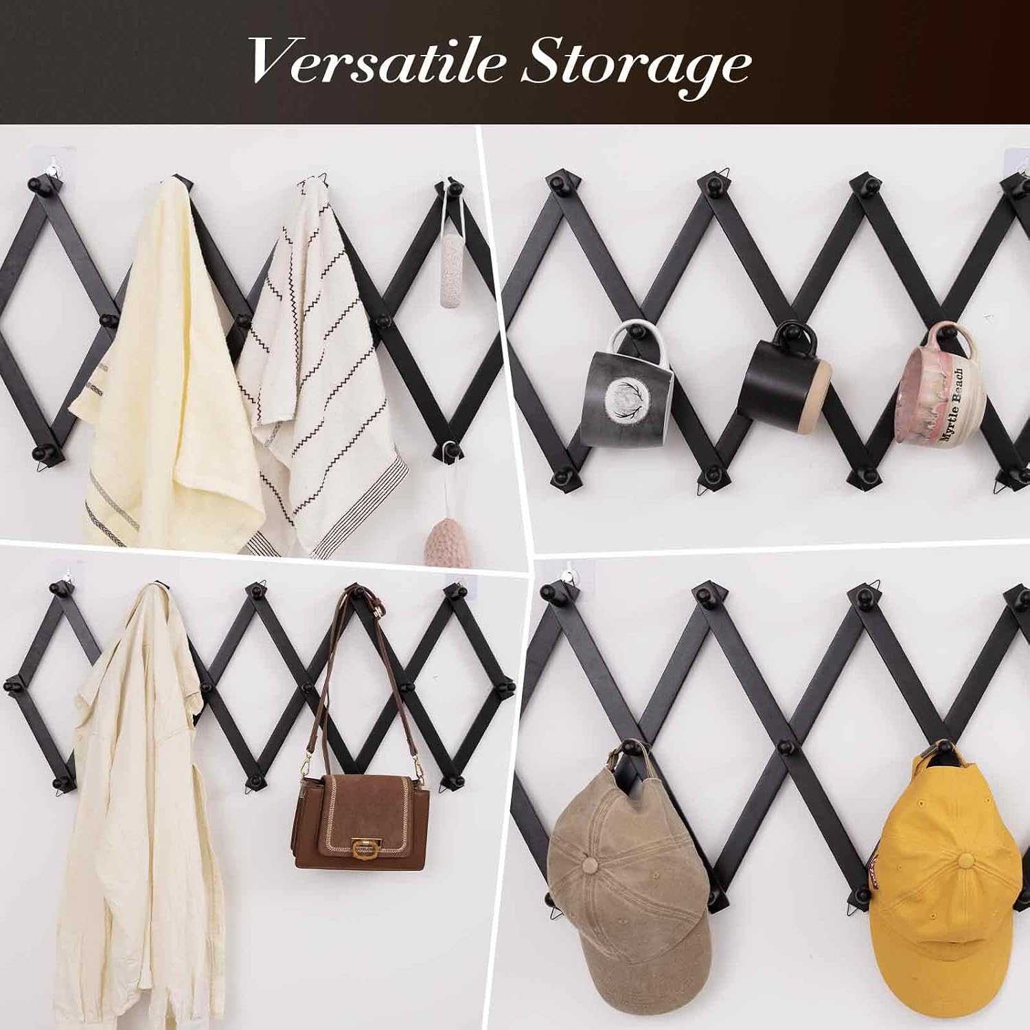 SCUNDA Wall Rack with 20 Hooks, Wooden Wall Expandable Coat Rack for Coat, Hats, Baseball Caps, Coffee Mug