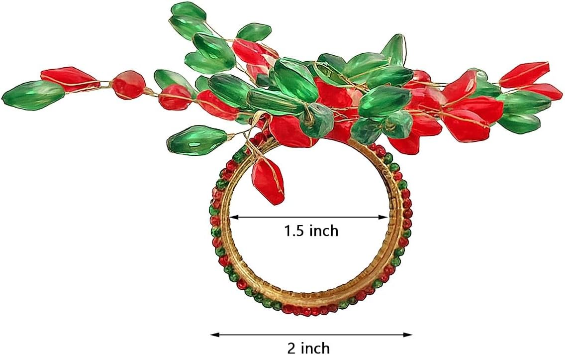 ITOS365 Handcrafted Beaded Napkin Rings Set of 12 – Red & Green Crystal Flower Design, Elegant Table Décor for