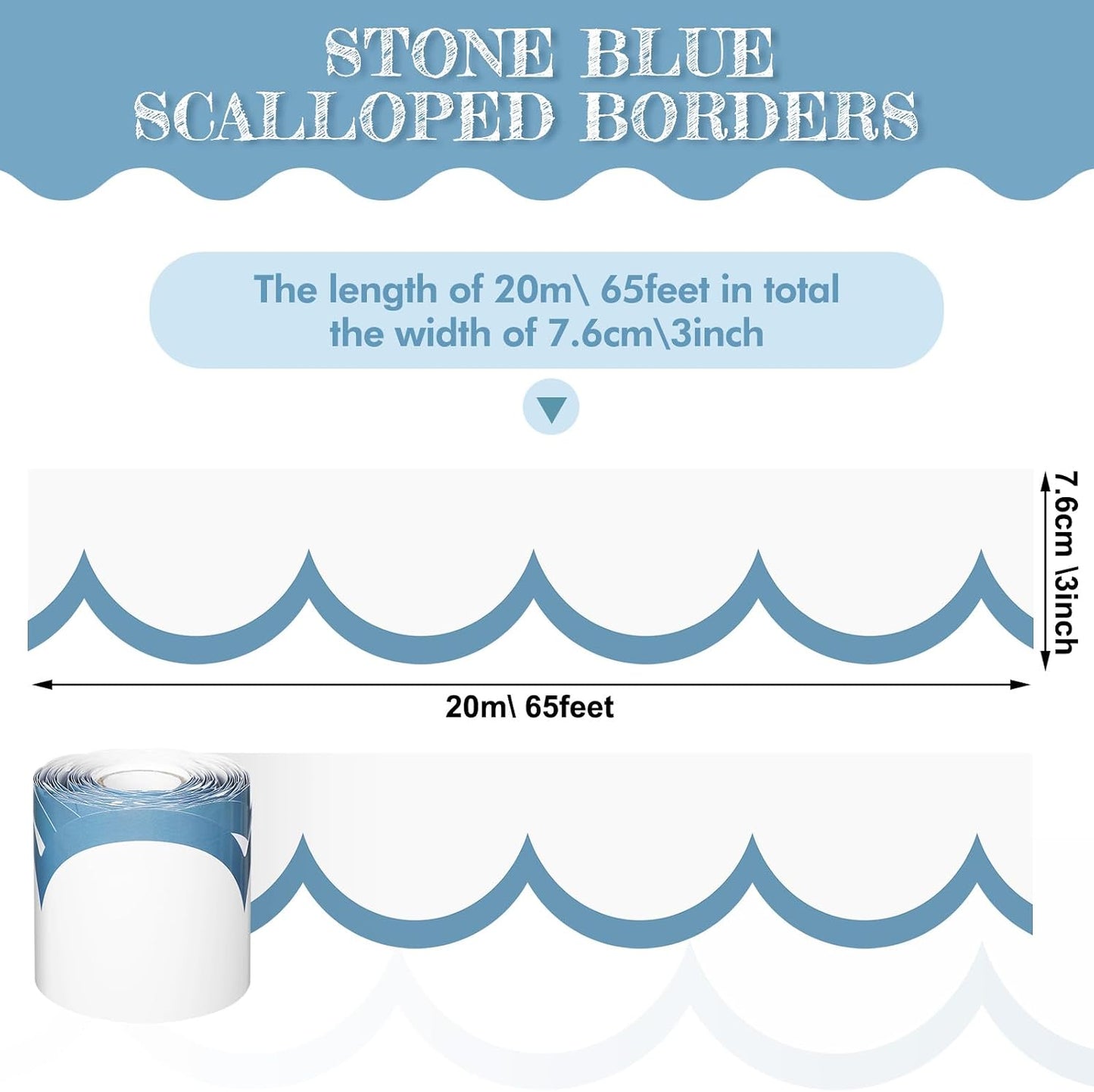 Bulletin Board Borders Wave Line Scalloped Board Borders Classroom / Stone Blue and White / 65 Inch