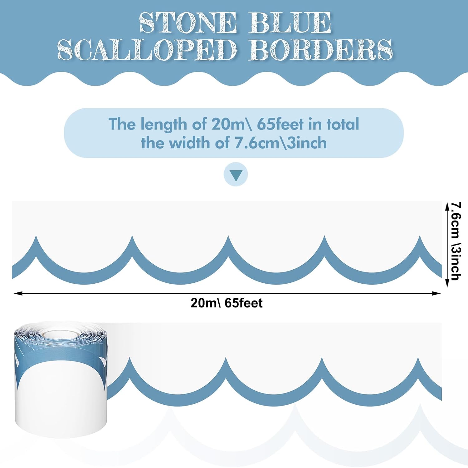 Bulletin Board Borders Wave Line Scalloped Board Borders Classroom / Stone Blue and White / 65 Inch