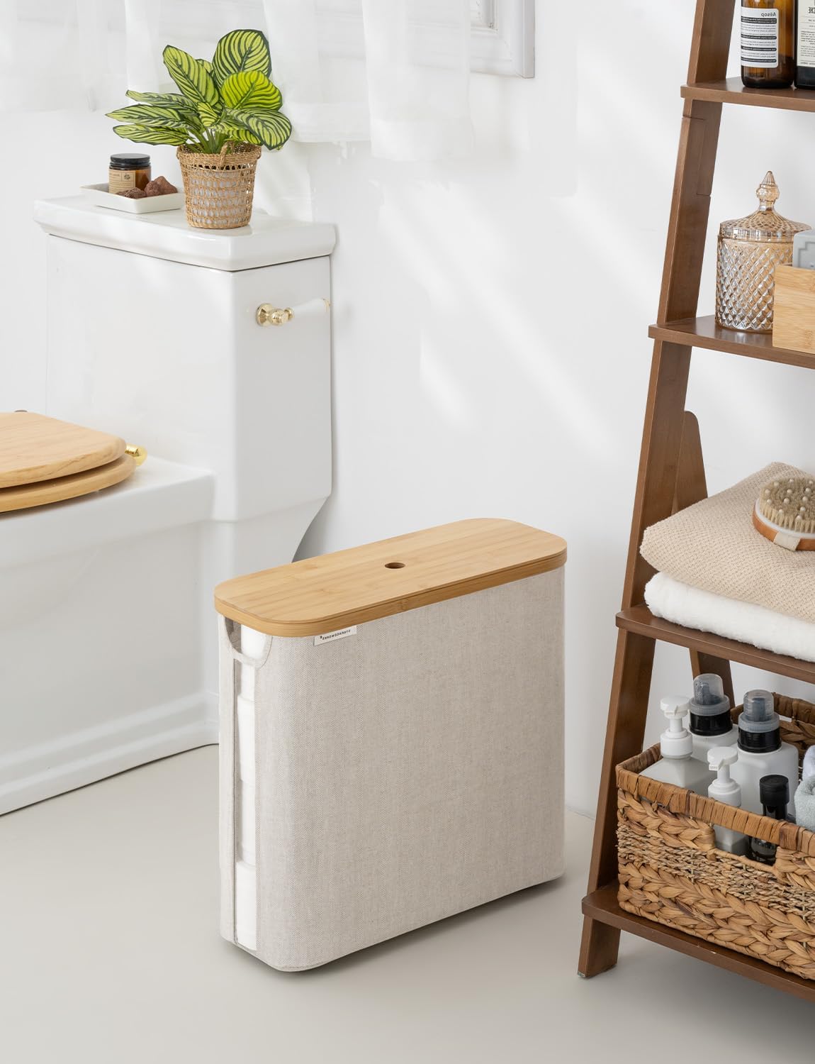 StorageWorks Toilet Paper Storage Basket with Bamboo Lid & Window | See Rolls at a Glance with Clear Window, Holds 16