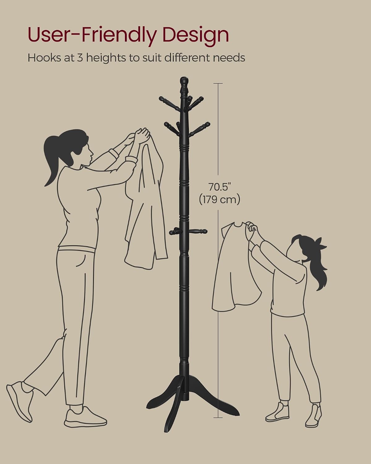 VASAGLE Solid Wood Coat Rack and Stand, Free Standing Hall Coat Tree with 10 Hooks for Hats, Bags, Purses, for