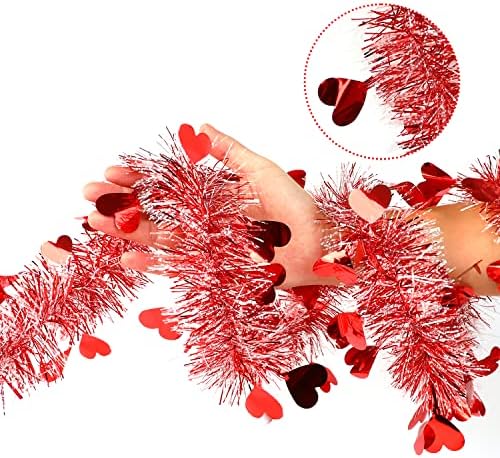 FOIMAS 33FT Valentine's Day Tinsel Garland,Heart Metallic Twisted Hanging Garland for Home Wedding Decoration Party Supply,Red & White