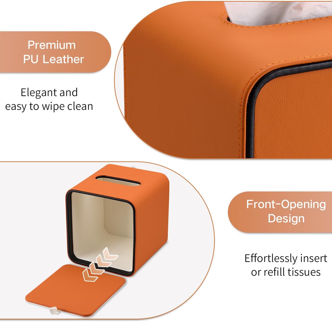 PU Leather Tissue Box Holder / Orange / Square