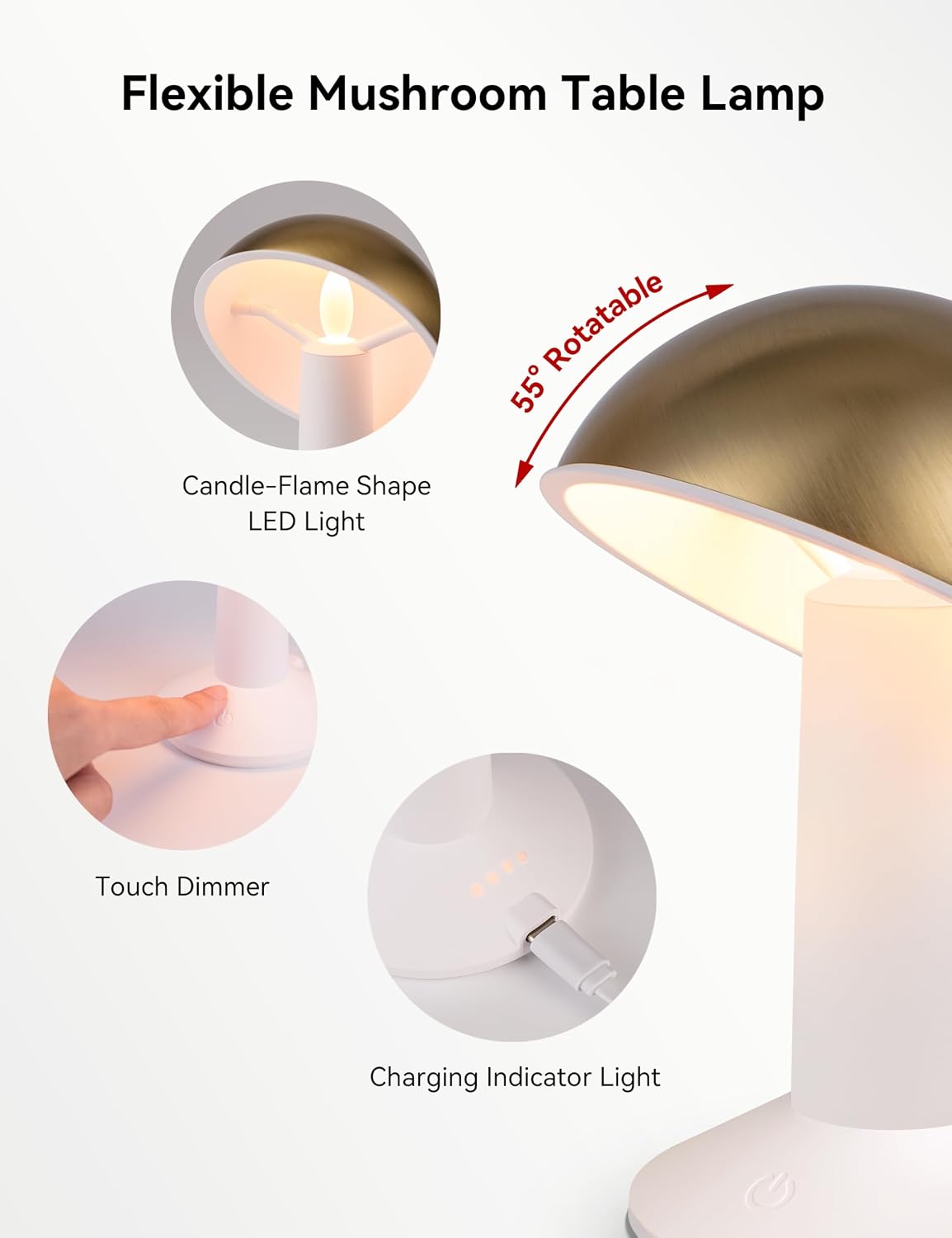 Tubicen 2 Pack Rotatable Mushroom Table Lamp Gold Cordless Bedside Lamp | 4-Level Dimmable Battery Rechargeable Small
