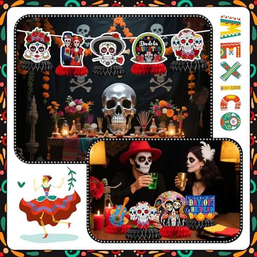 JULMELON 8Pcs Day of the Dead Decorations, Honeycomb Table Centerpieces