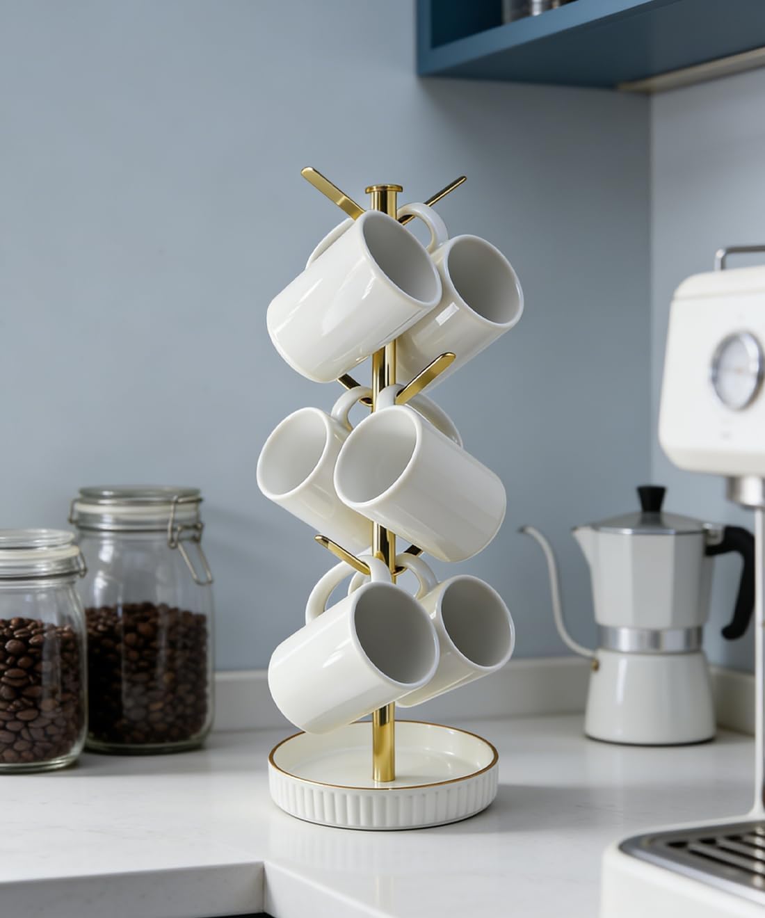 VROOMIUM Ceramic Coffee Mug Holder,Extra-Large and Stable, Fits 20oz, Gold | Effortless Cleaning, Built-in Storage for