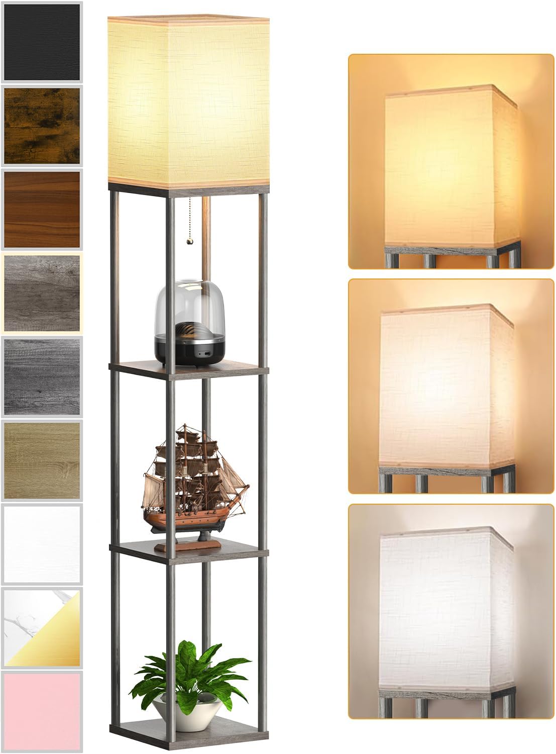 Floor Lamp with Shelves for Living Room Oak Gray, Shelf Floor Lamp with 3 CCT LED Bulb, Corner Display Standing Column