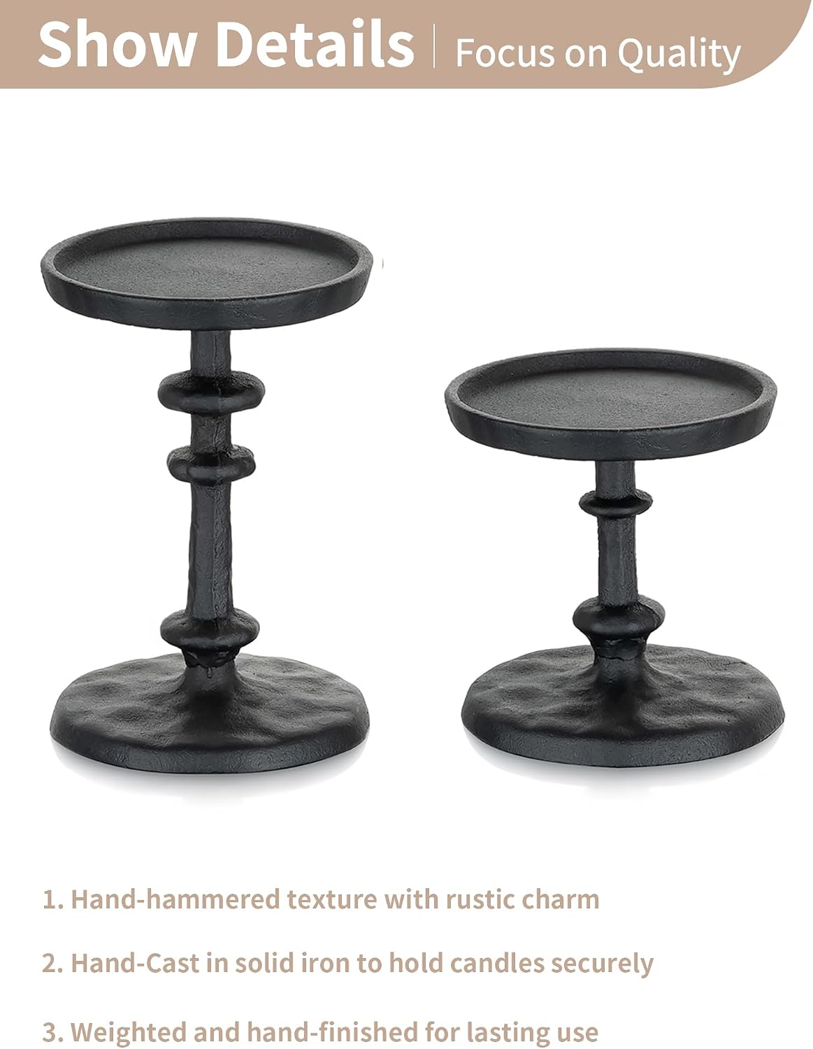 NUPTIO Pillar Candle Holder Black: Solid Cast Iron Candle Stand | Hammered Candleholder for 3 Inch Pillars Heavy