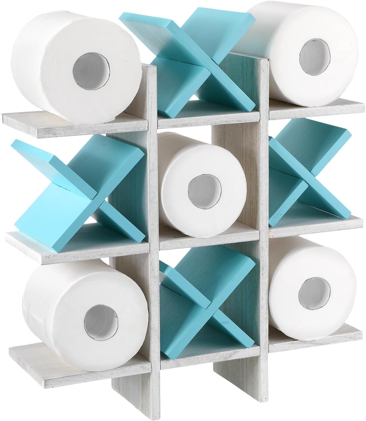 Weysat Tic Tac Toe Toilet Paper Holder,White, Light Blue | Farmhouse Bathroom Decor, Freestanding or Wall Mount Storage