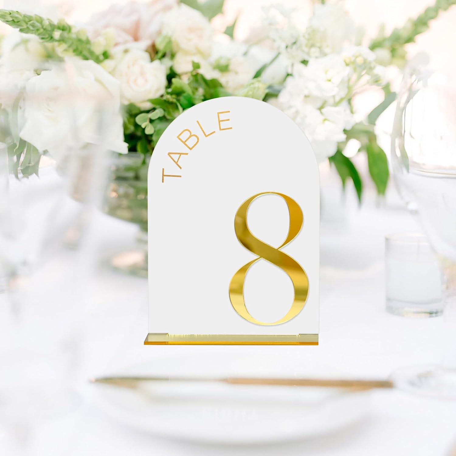 White Arch Wedding Table Numbers 1-15, Gold Numbers and Stands | 15 Pack 5x7 Inch White Arch Acrylic Sign with Raised