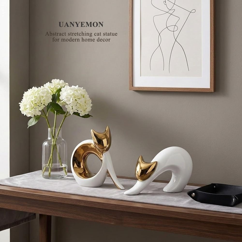 Abstract Stretching Cat Statue for Modern Home Decor / White