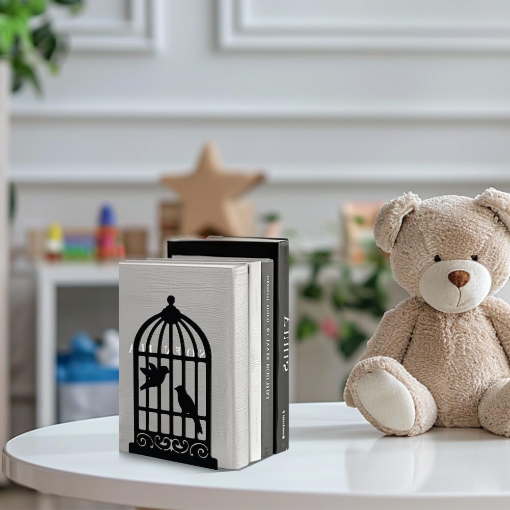 Metal Bookends / Modern Decorative Heavy Duty Study Book Support Stoppers / Birdcage and Bird