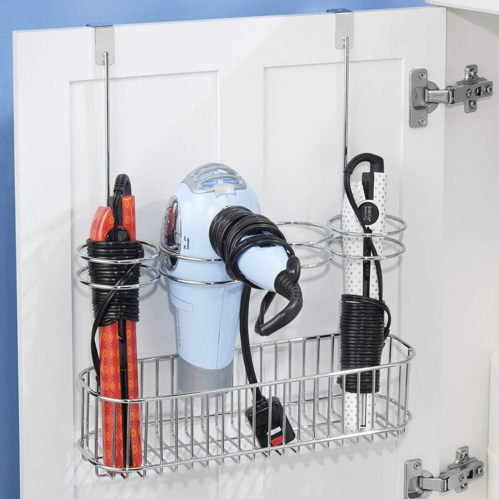 mDesign Metal Over Door Bathroom Hair Care & Styling Tool Organizer Storage Basket for Hair Dryer, Flat Irons, Curling