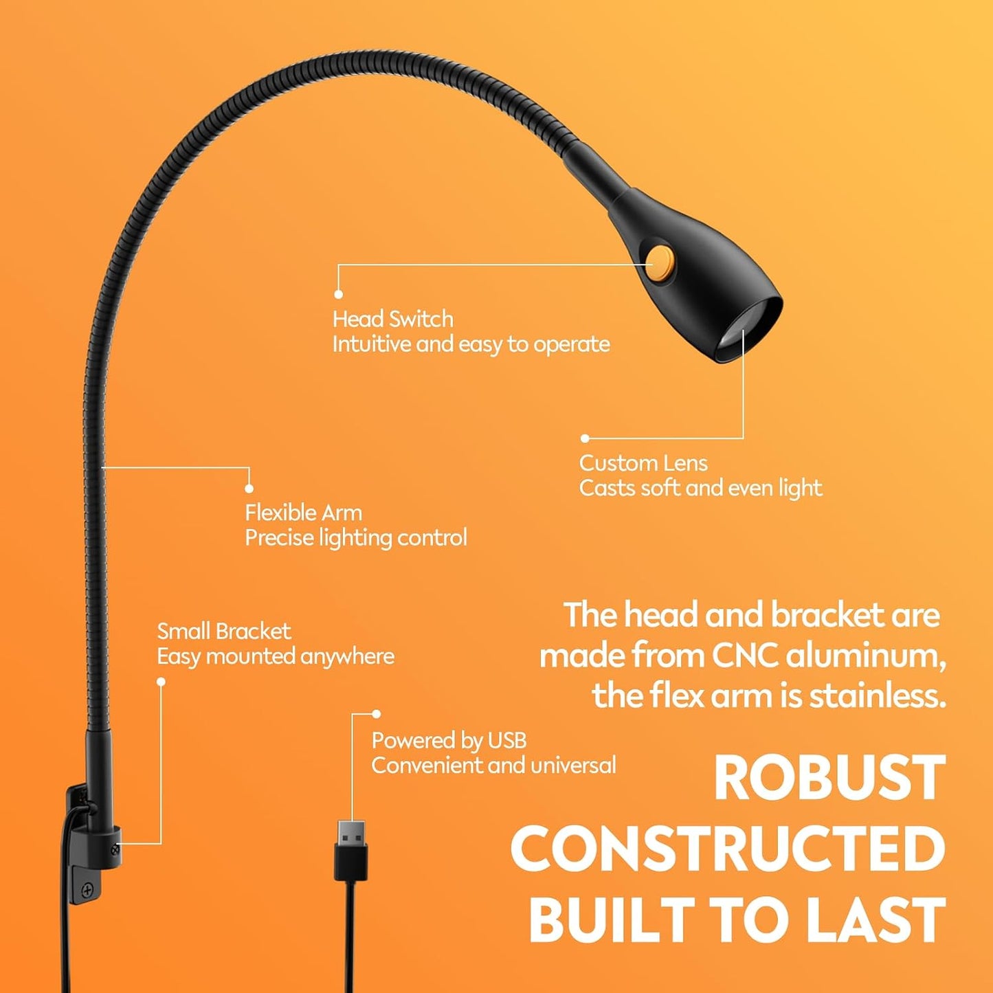 acegoo Wall/Headboard Mounted Reading Light with Handy Head Switch | CRI 98+ LED, 4000K & Amber Nightlight, Flexible
