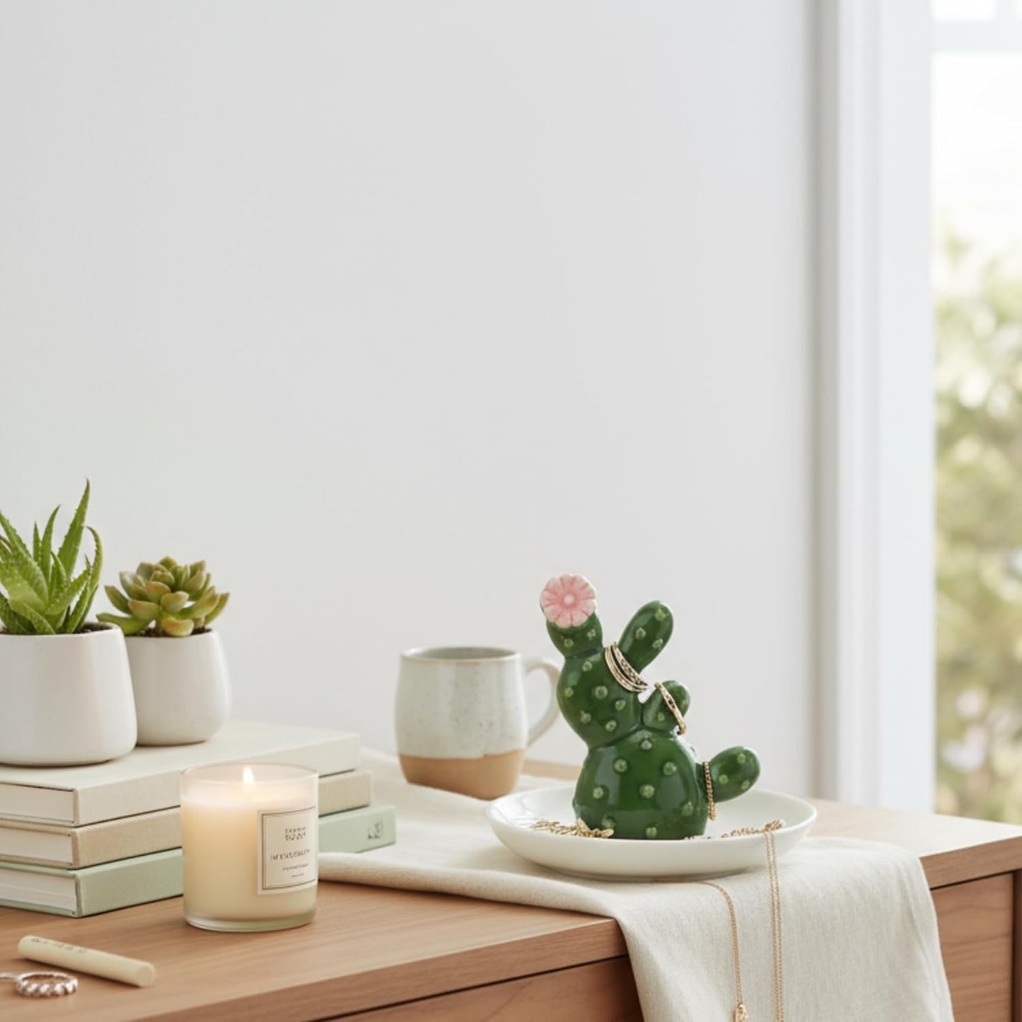 Cactus Ring Holder Ceramic Dish for Women Jewelry Tray Ring Dish Tropical Decor Trinket Rack Western