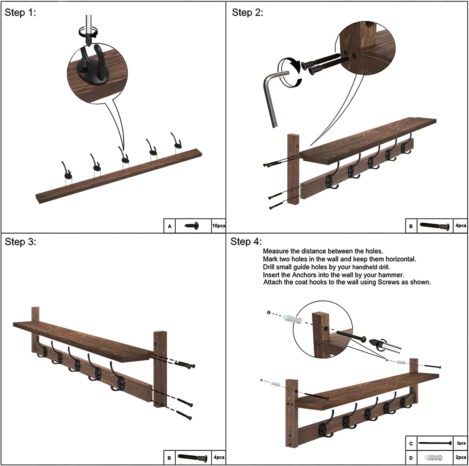 Hooks Entryway Coat Rack Wall Mount Wood Coat Hooks / 28.9inch / Retro Brown