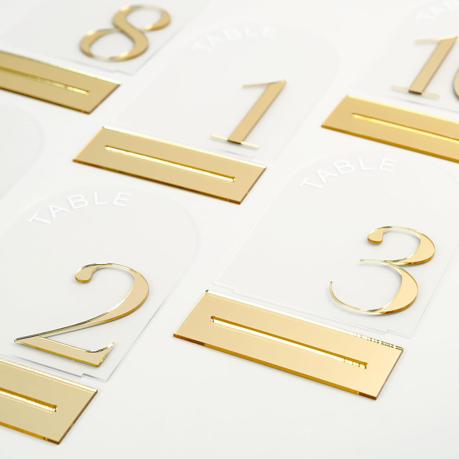 Frosted Arch Wedding Table Numbers 1-15, Gold Numbers and Stands | 15 Pack 5x7 Inch Frosted Arch Acrylic Sign with