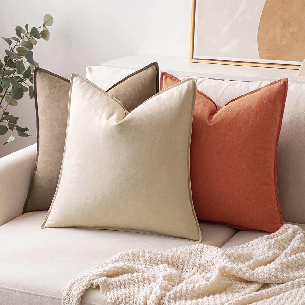 Decorative Linen Pillow Covers Boho Farmhouse Modern Soft Accent Throw / 18 x 18 / Beige / Set of 2