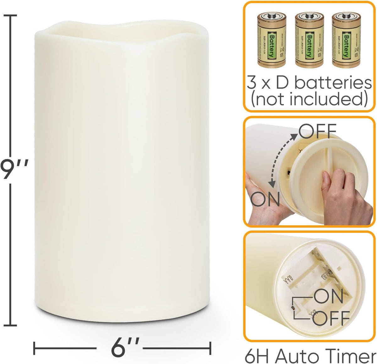 Homemory 6" x 9" Extra Large Outdoor Waterproof Candle with Auto 6H Timer | LED Flickering Pillar Candle Battery