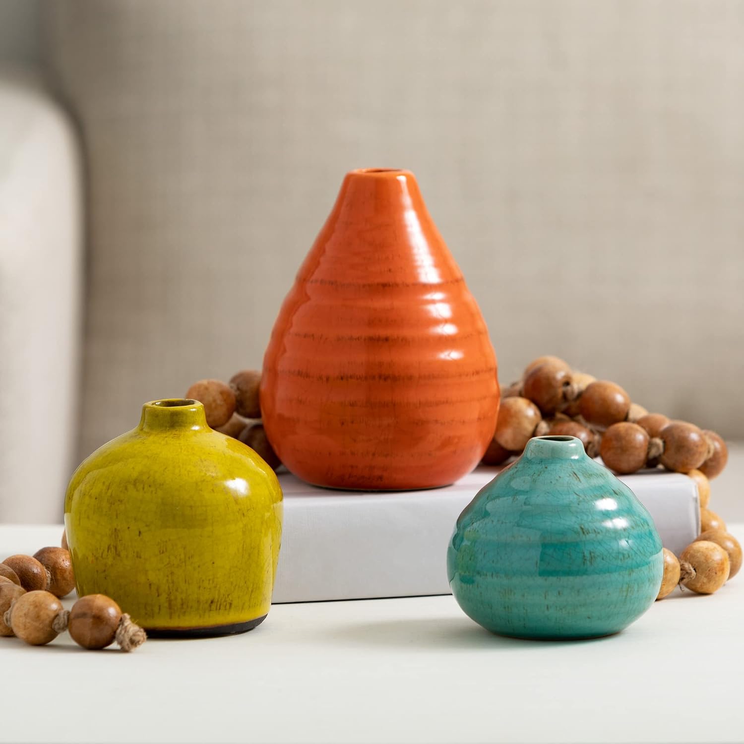 Ceramic Vase Set- 3 Small Vases / Aqua, Orange, Green / Set of 3
