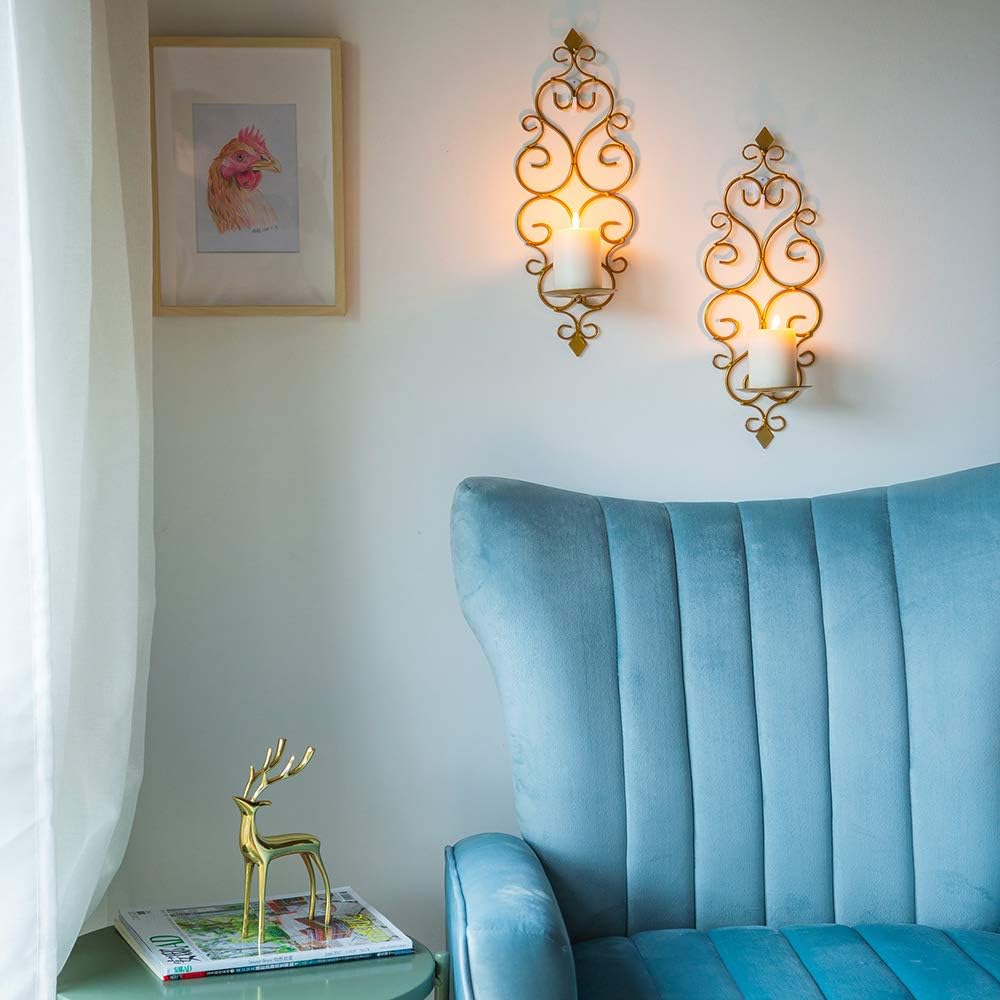 Iron Wall Candle Sconce Holder Hanging Wall Mounted Pillar Candle Sconces Holder / Gold / Set of 2