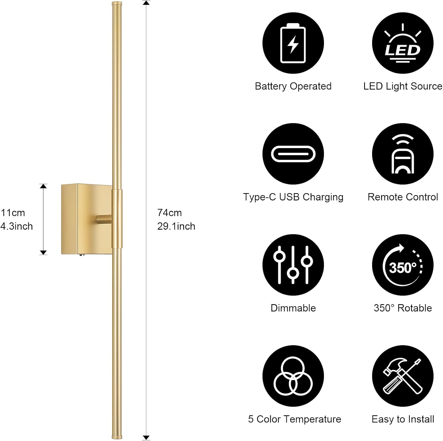 Battery Operated Wall Sconce Set of Two with Remote Control, 3000K-6000K Dimmable Gold Wall Lights, Timable LED