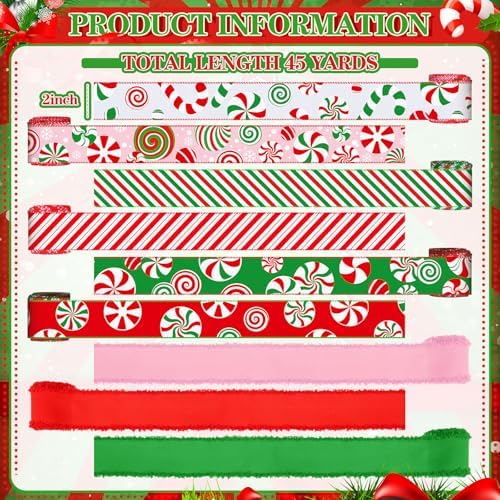9 Rolls Christmas Wired Ribbon Candy Peppermint Wreaths