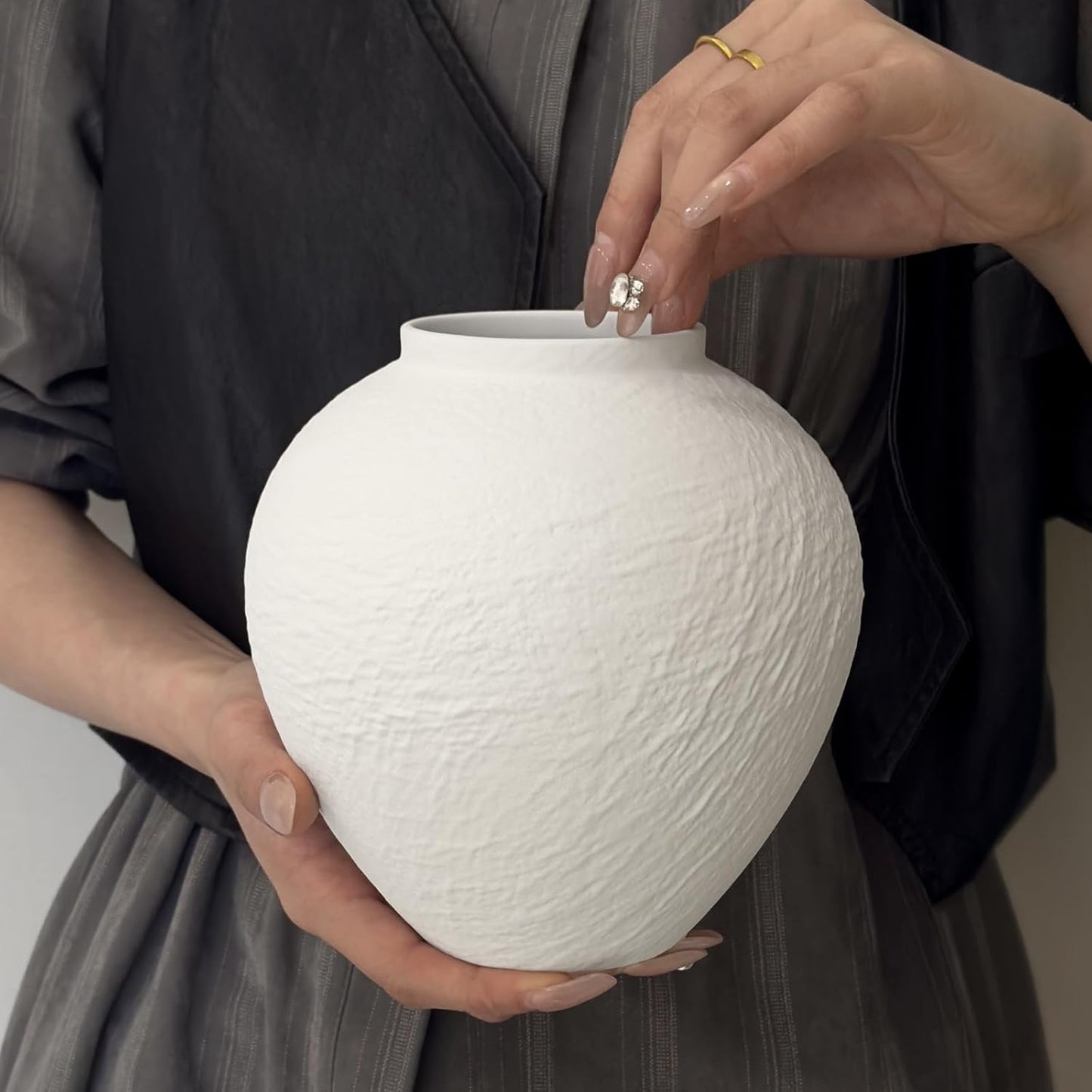 Vintage Stone Textured Ceramic Vase / White Texture 6.3'' Tall