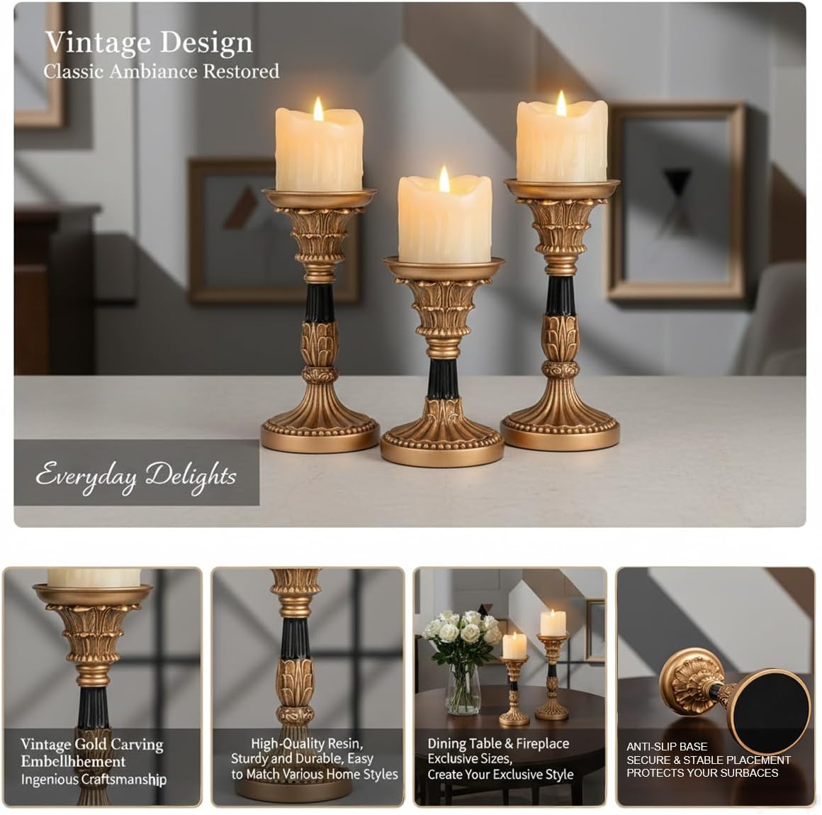 Resin Pillar Candle Holders Set of 3 – an Antique Gold Frame with Engraved Decorations (9", 7.5", 6") with 3.1" Tray &