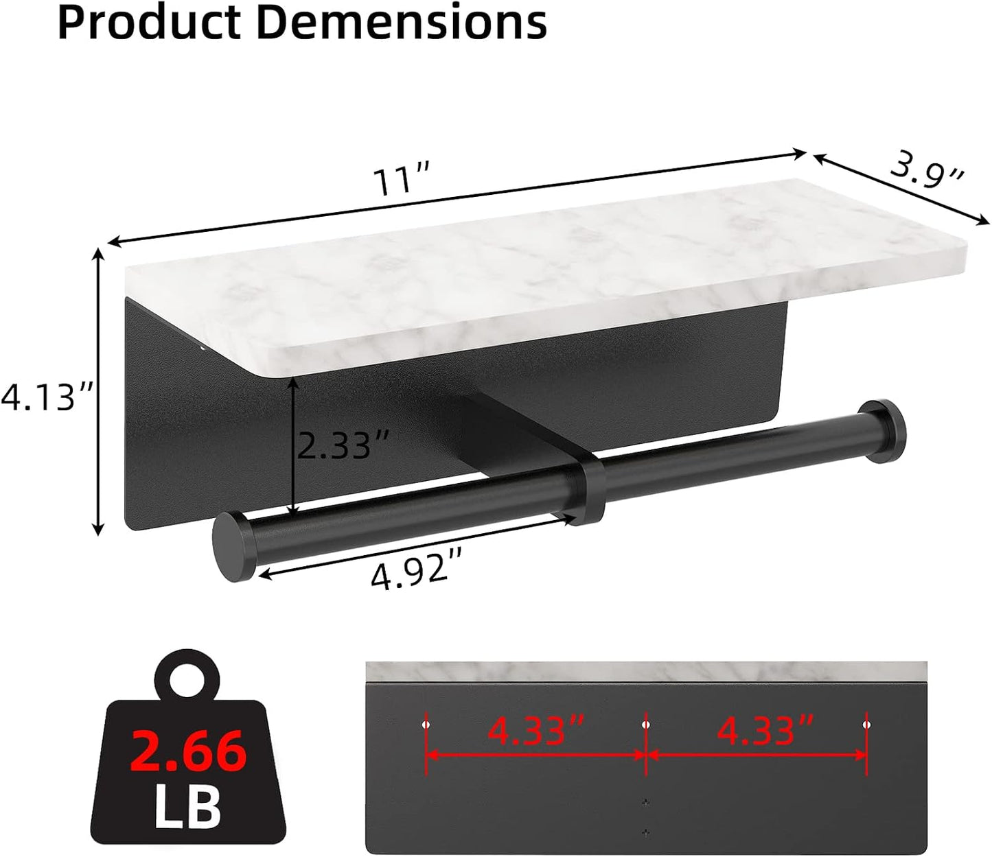 Gypie Toilet Paper Holder with Marble Shelf, Wall Mount, Double Black | Stainless Steel Tissue Roll Paper Holder
