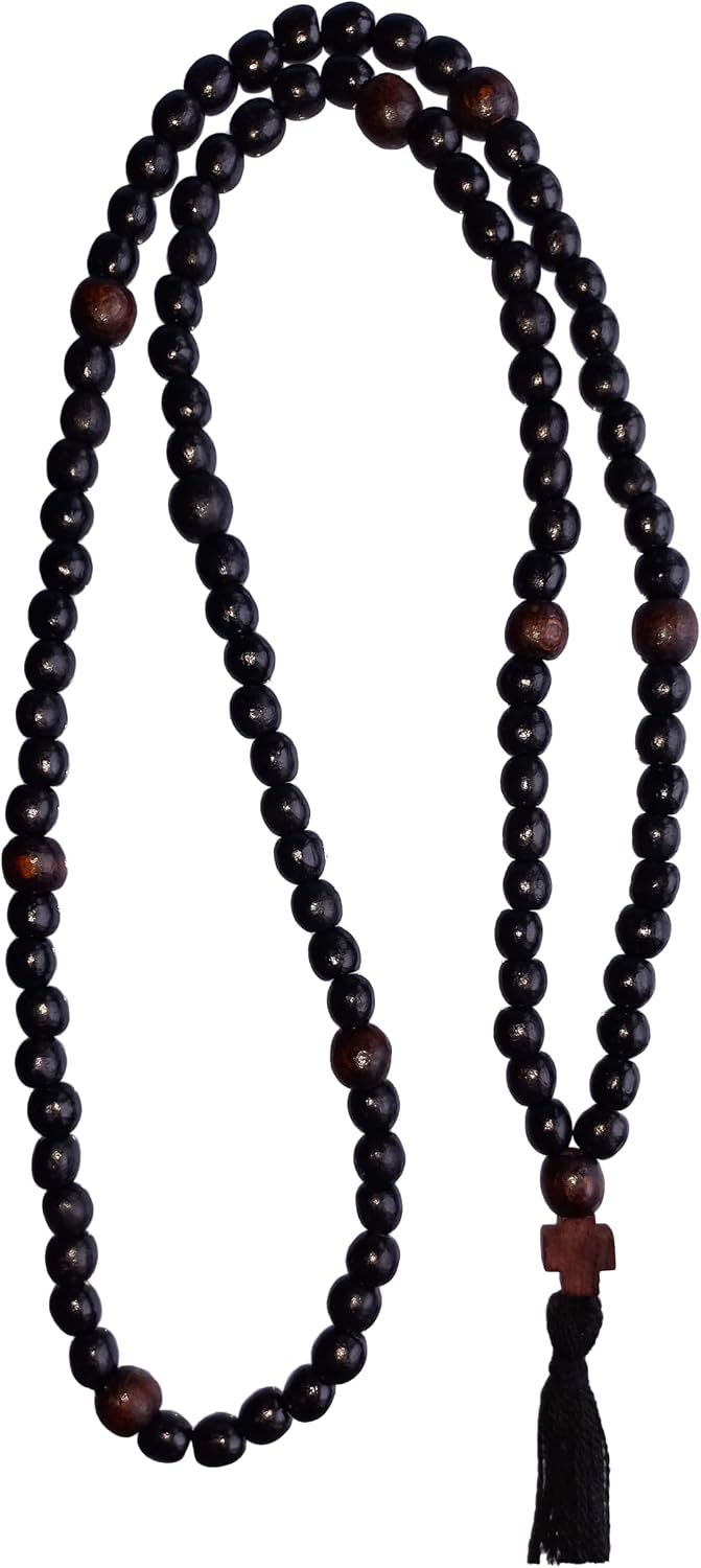 Komboskoini Christian Prayer Rope Orthodox Chotki 100 Wooden Knots Pray Wood Cross / Black