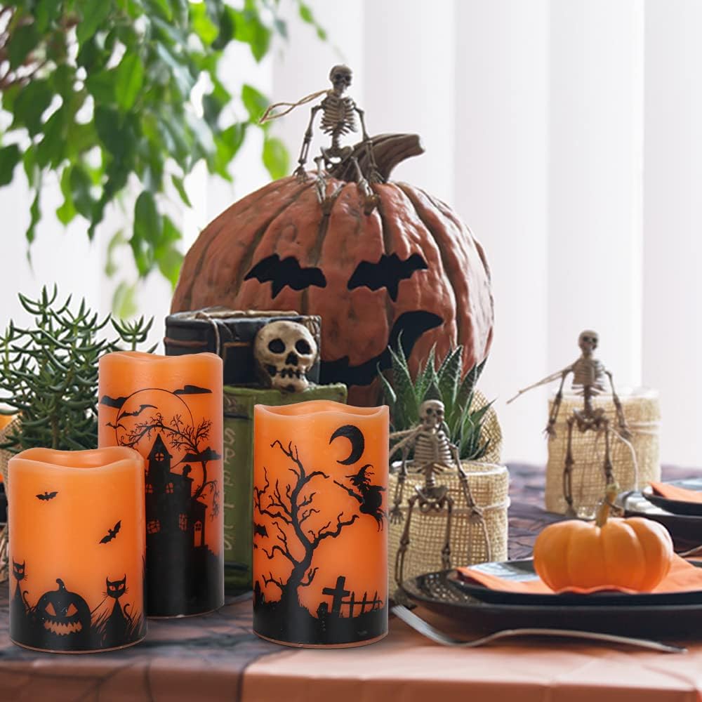 GenSwin Halloween Candles with Timer, Flickering Flameless Candles Battery Operated, 3 Pack Real Wax Pillar Candles for