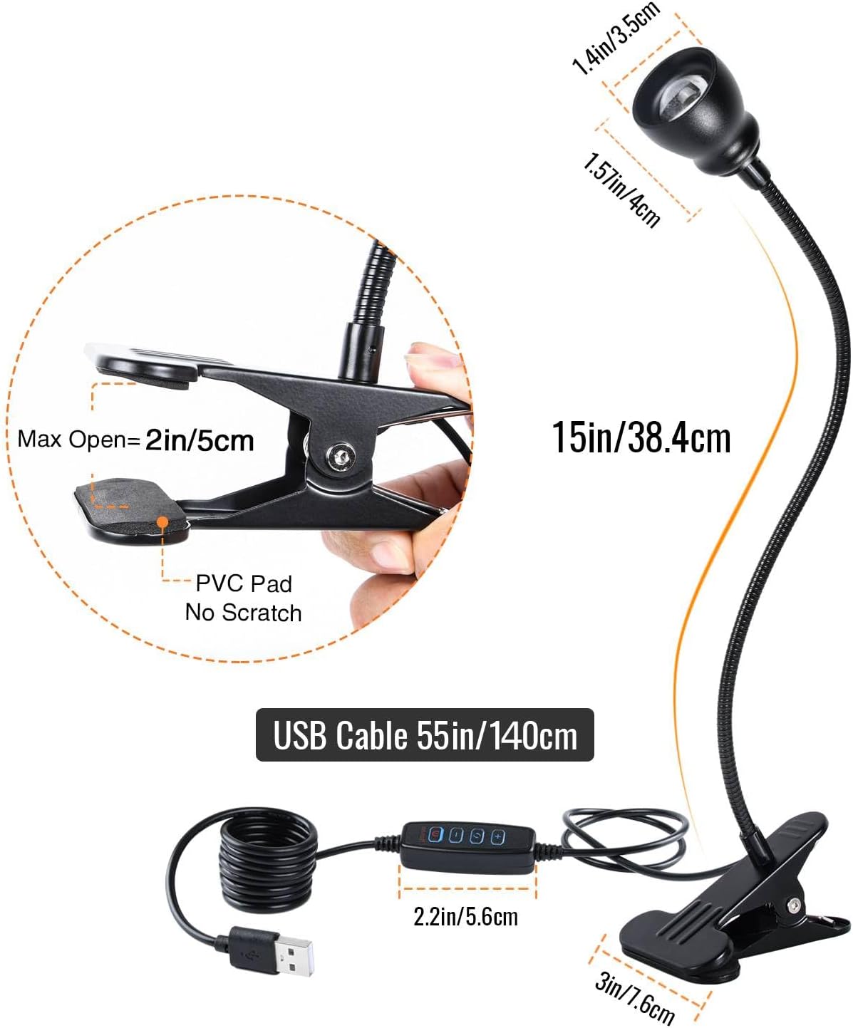 Zoomable Clip on Light, Clamp Reading Light for Dorm Bed Headboard, Dimmable Spotlight with 3 Color Temperature