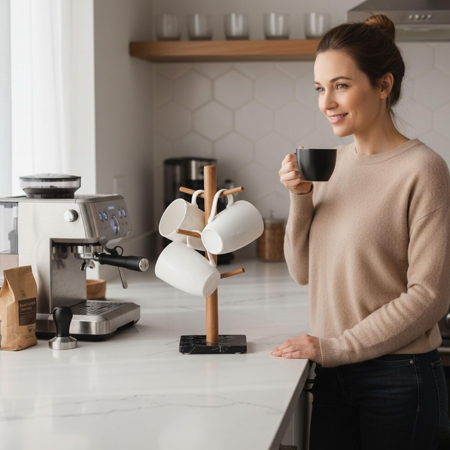 Buruis Acacia Wood Mug Holder with Marble Base, 6 Hook Mug Tree, Black | Coffee Mug Rack for Countertop, Space-Saving