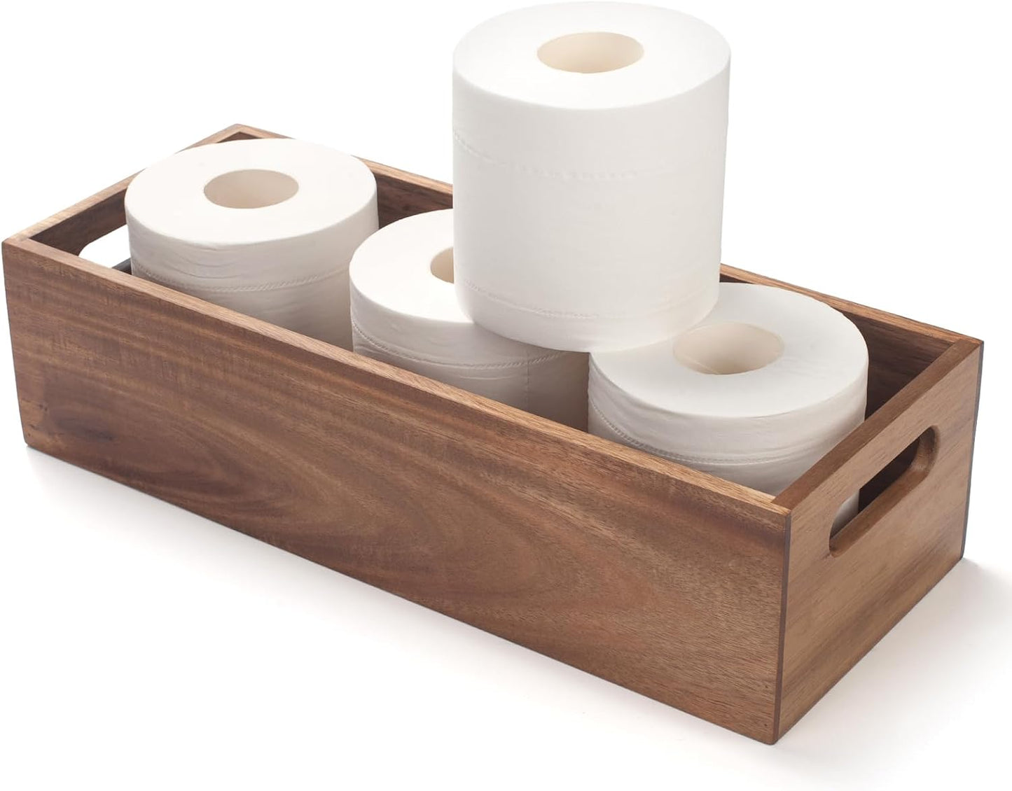 Acacia Wood Bathroom Storage Basket for Organizing / 15 x 6 x 4
