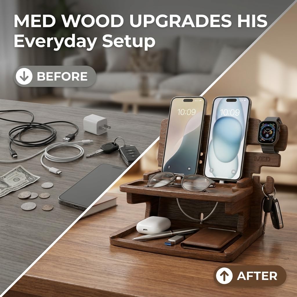 MED Wood Phone Docking Station for Men - Desk or Nightstand Organizer - Birthday Gifts for Husband, Dad - Anniversary